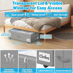 2 Pack Under Bed Storage with Wheels 10" Height, Rolling Storage Bins XXL 60L, Underbed Shoe Storage Containers with Label & Clear Lid, Dorm Under bed Drawers for Clothes, Shoes, Quick Assembly, Grey