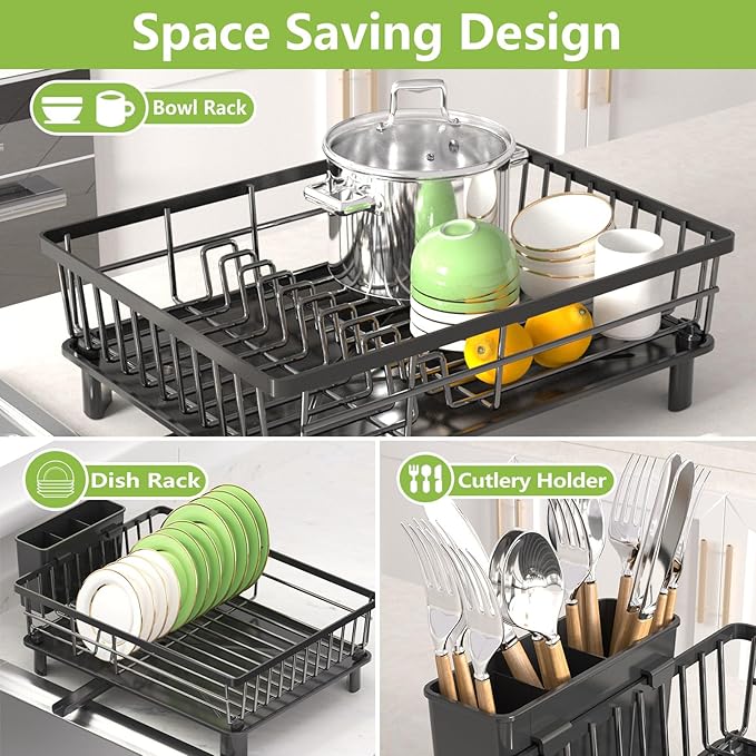 Dish Drying Rack for Kitchen Counter, Stainless Steel Dish Strainer with Detachable Cutlery Holder, Automatic Drainage System, Large Drainers Rack for Home and Appartment