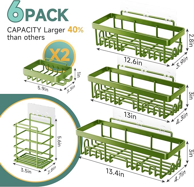 Veken Rustproof & Waterproof Shower Caddy 6-Pack, No Drilling Adhesive Shelves Rack with Soap Holder, Large Capacity Bathroom Organizers and Storage, Wall-Mounted Kitchen & Home Decor, Green