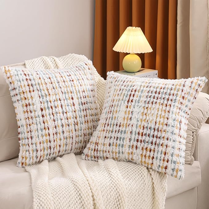 LUOYEHK Boho Throw Pillow Covers 18x18 Inch Set of 2 Chenille Tufted Pillowcase Farmhouse Neutral Cushion Covers for Couch Sofa Bed Living Room, Orange White