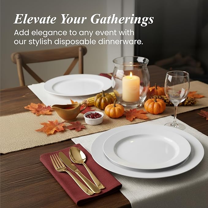 Pack of 60 White Plastic Plates - Aya's Heavy Duty Disposable Set of 30 Dinner and 30 Salad Plates - Durable Round Plastic Dinnerware Set for Parties and Events