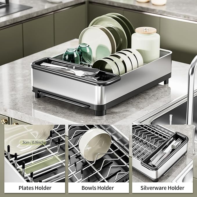 Dish Drying Rack, 304 Stainless Steel Dish Racks for Kitchen Counter, Dish Drainers with Automatic Drainage, Utensil Holder & Cups Holder, Space Saving Kitchen Organizer (1-Tier Silver)