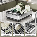 Dish Drying Rack, 304 Stainless Steel Dish Racks for Kitchen Counter, Dish Drainers with Automatic Drainage, Utensil Holder & Cups Holder, Space Saving Kitchen Organizer (1-Tier Silver)