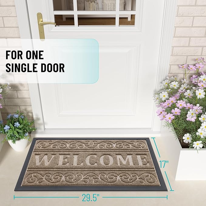 OLANLY Welcome Door Mat Indoor Outdoor Entrance, Heavy Duty Sturdy Front Door Mat, Waterproof All-Weather Doormat, Stain Resistant, Low Profile, Easy Clean Patio Entryway Mat, 29.5 x 17, Light Brown