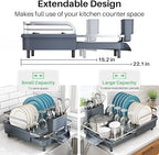 SNTD Dish Drying Rack, Expandable Dish Rack for Kitchen Counter, Stainless Steel Dish Drainer with Drainboard Set and Utensil Holder (Gray)