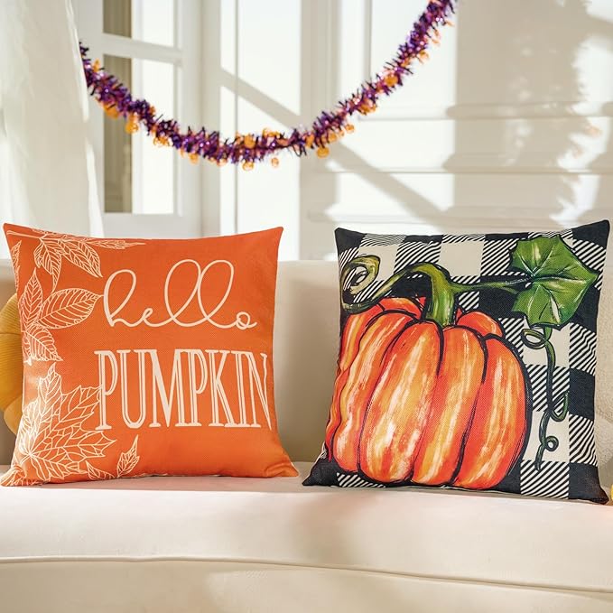 Fall Throw Pillow Covers 18x18 in Set of 4,Pumpkin Linen Pillow Case for Thanksgiving Couch Autumn Holiday Outdoor Burnt Orange Blue White Decorations