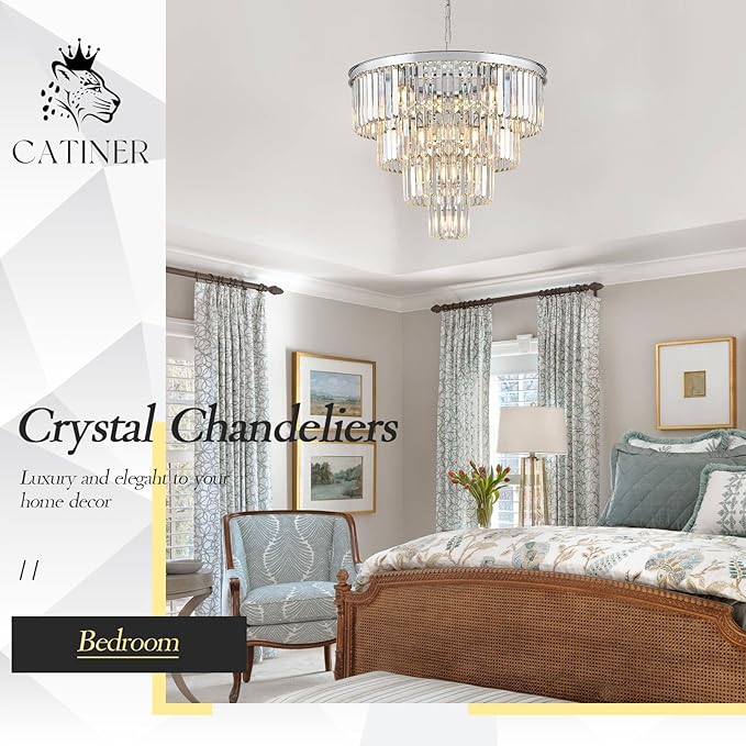 Modern Chrome Crystal Chandeliers 24” Luxury Chandeliers 4-Tier 12 Lights K9 Crystal Round Ceiling Pendant Light Fixture Contemporary for Living Dining Room Foyer Staircase Bedroom