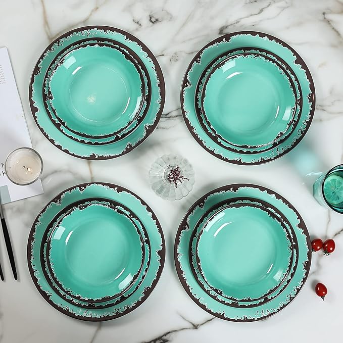 Rustic Melamine Dinnerware Set,12-Piece Plates and Bowls Sets,Yinshine Unbreakable Melamine Dish Set,Lightweight,Service for 4,Dishwasher Safe,Green