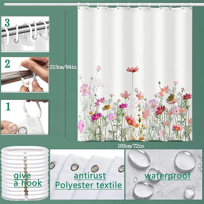 Floral Shower Curtain - 72"W x 84"L, with 12 Hooks, Hem Weighted Bathtub Curtain for Bathroom