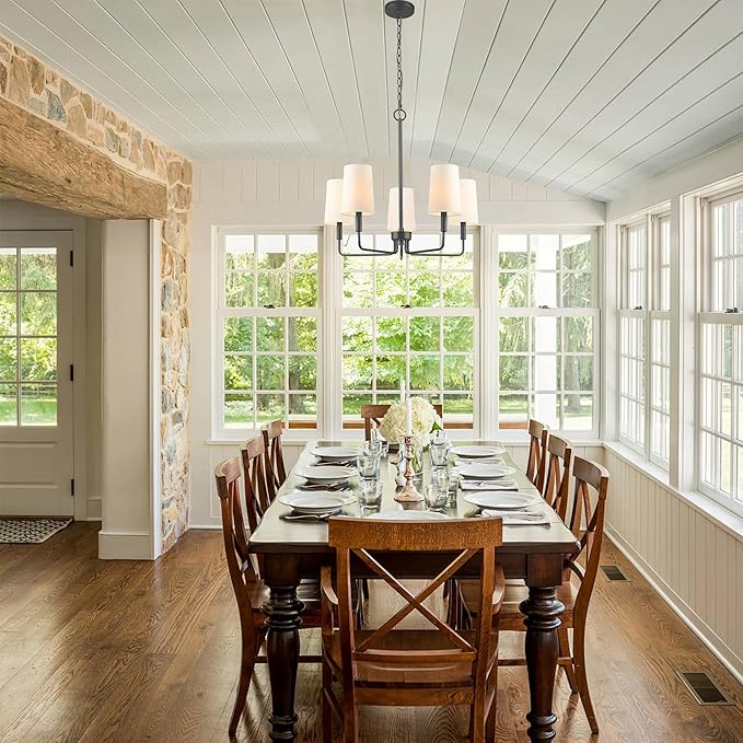 Chandelier, Matte Black with White Fabric Shade, Farmhouse Linear Island Lighting Fixture for Kitchen, Dining Room (5-Light Matte Black with Fabric Shades)