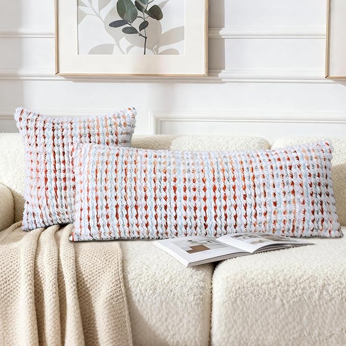 Boho Chenille Tufted Pillow Cover 14x36 Inch Set of 1, Farmhouse Striped Decorative Pillow Covers Accent Fluffy Neutral Long Body Bolster Pillow for Couch Sofa Bedroom Living Room, Orange