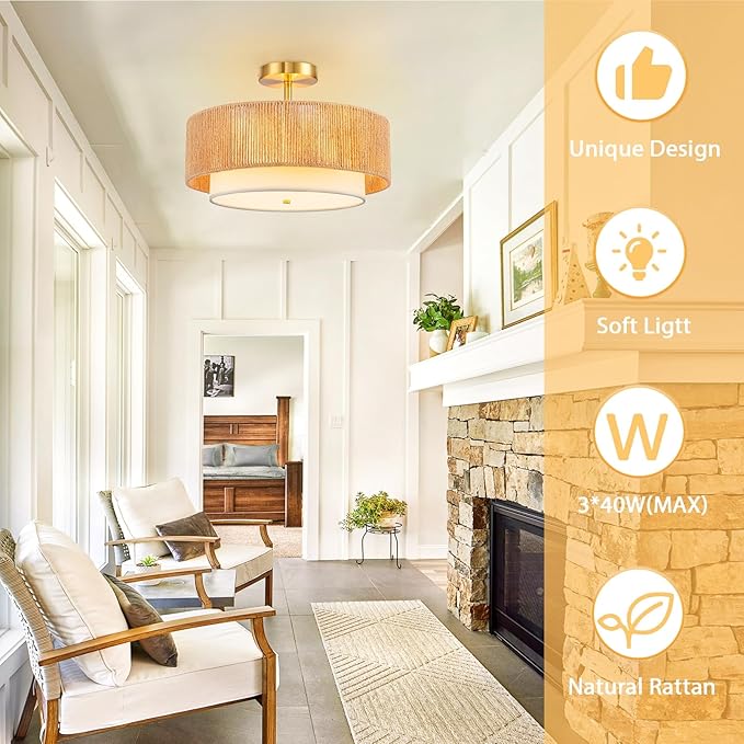 SineRise 16'' Rattan Flush Mount Ceiling Light Fixture,2-Tier Drum Hand-Woven Boho Flush Mount Ceiling Light,Farmhouse Light Fixture for Living Room,Kitchen,Bedroom Foyer Entryway ect.