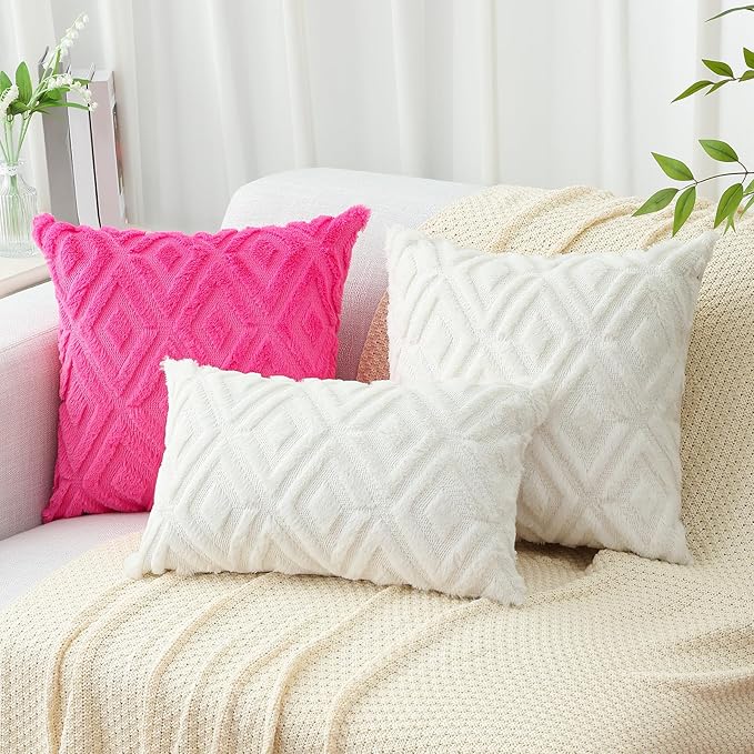 Pallene Hot Pink Throw Pillow Covers 16x16 Set of 2, Soft Plush Faux Fur Decorative Couch Pillow Covers for Sofa Bed Living Room Pillow Cases with 3D Diamond Pattern