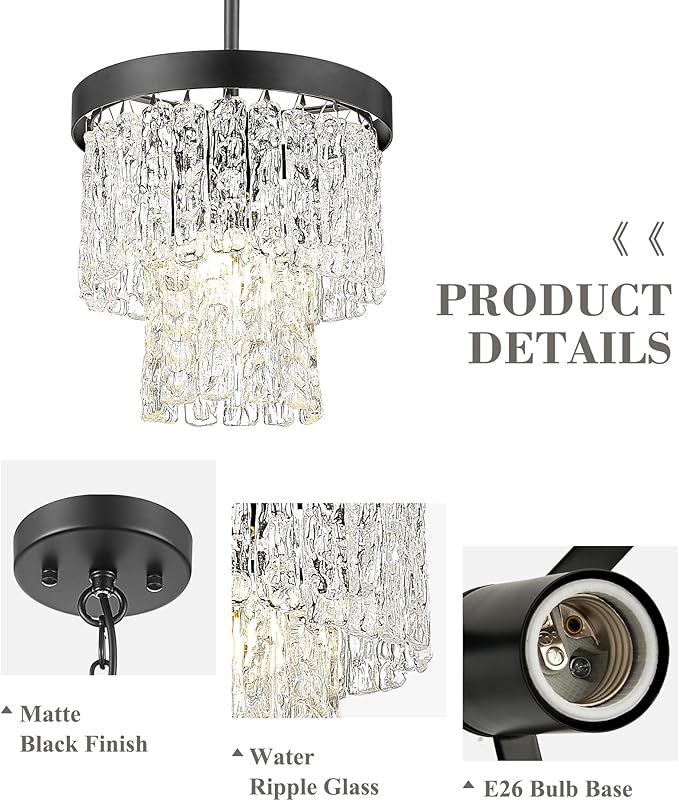 10" Water Ripple Pendant Lights, 2-Tier Modern Pendant Lights Kitchen Island, Black Hanging lamp, Chandeliers for Dining Room Kitchen Island Bedroom Entryway, CC4848-1P-BK
