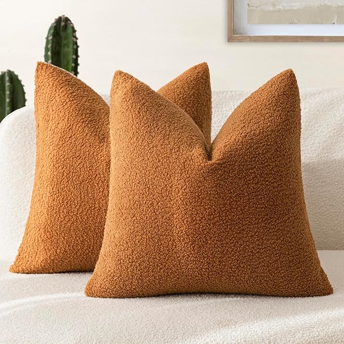 Foindtower Pack of 2, Curly Faux Fur Decorative Throw Pillow Covers Soft Fuzzy Plush Cushion Case with Zipper Cozy Pillowcase for Living Room Couch Bed Sofa Home Decor 22 x 22 Inch, Bronze