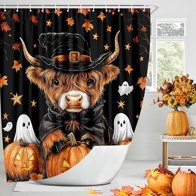 Halloween Cow Shower Curtain, Rustic Fall Pumpkin Spooky Ghost Shower Curtain Set with Hooks, Farmhouse Autum Funny Bull Witch Hat Thanksgiving Harvest Bathroom Curtain, 72X72In Orange Black