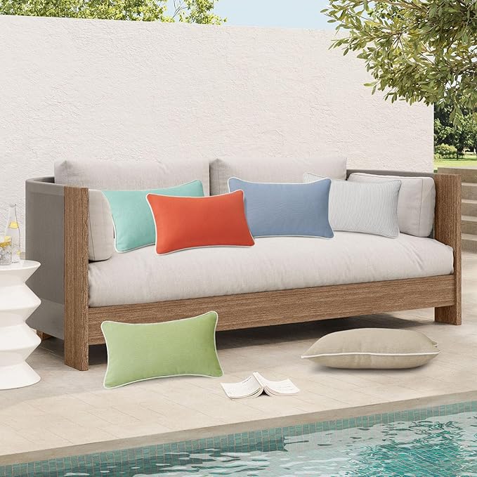 Decorative Outdoor Water Repellent Throw Pillows with Inserts, Set of 4, 20" x12" Pillows for Patio, Backyard, Bed, Couch, and Patio Furniture, Tan Stripe