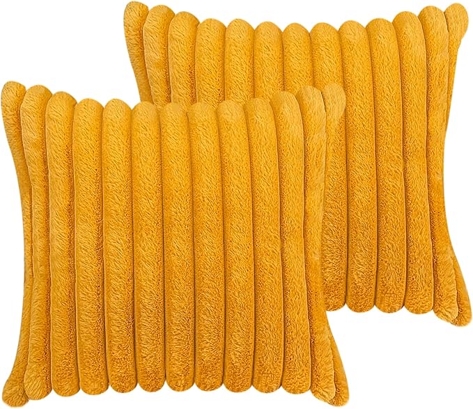 24x24 Throw Pillow Covers Set of 2, Decorative Faux Fur Covers for Bed, Couch Soft Fluffy Pillow Cover with Velvet Back for Living Room, Neutral Home Décor Accent for Sofa - Yolk Yellow