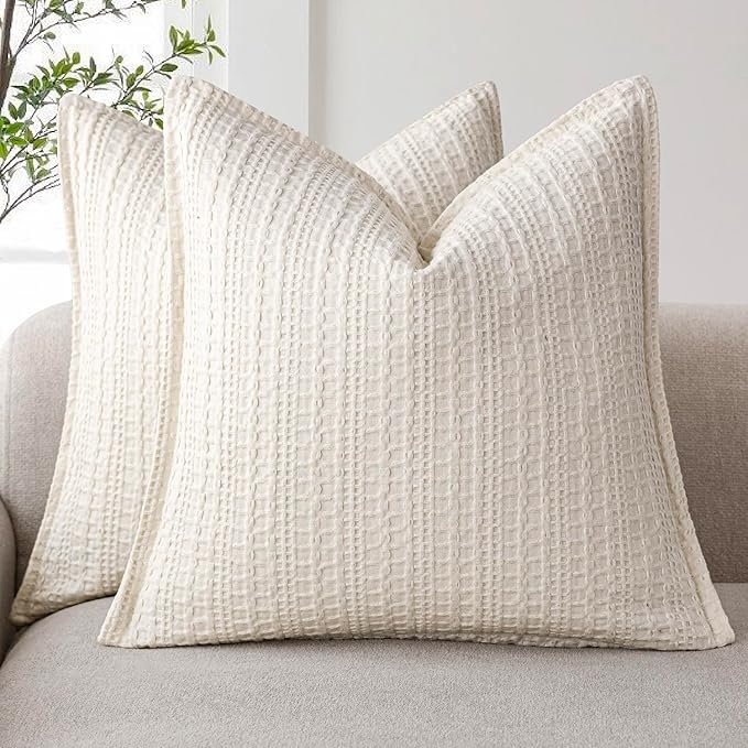 Foindtower Set of 2 Decorative Cotton Waffle Weave Throw Pillow Covers Euro Shams Cushion Covers Accent European Pillowcase for Bed Couch Sofa Bedroom Living Room Home Decor 24×24 Inch Natural Ivory