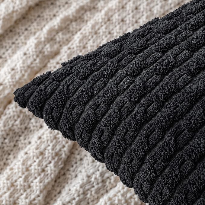 MIULEE Pack of 2 Decorative Lumbar Throw Pillow Covers 12x20 Inch Soft Boho Striped Textured Corduroy Pillow Covers Modern Farmhouse Home Decor for Couch Bed Sofa Living Room Black