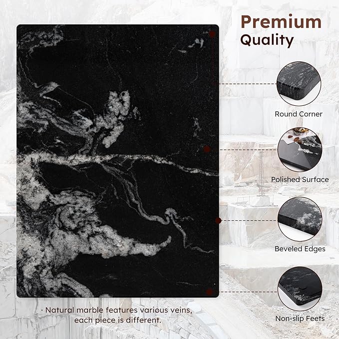 Diflart Natural Marble Stone Cutting Board for Kitchen, 16x20 Inch, Black, Marble Slab Pastry Board Large with Non-Slip Feet for Cheese, Charcuterie, Dough Chocolate, Pack of 1 Piece