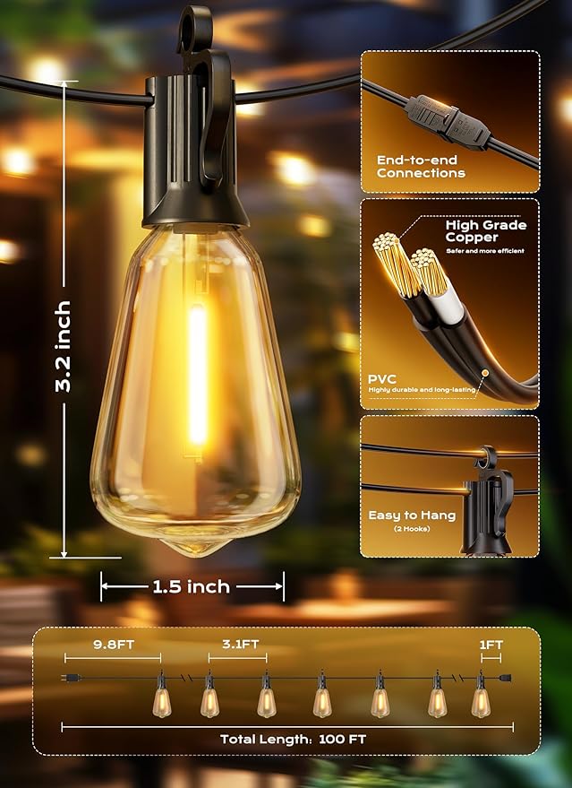 Outdoor-String-Lights-Patio-Lights, 100FT ST38 Shatterproof Dimmable Waterproof Connectable LED Christmas Lights, Hanging Outside Light for Backyard, Porch, Deck, Balcony, Garden, Home Decor