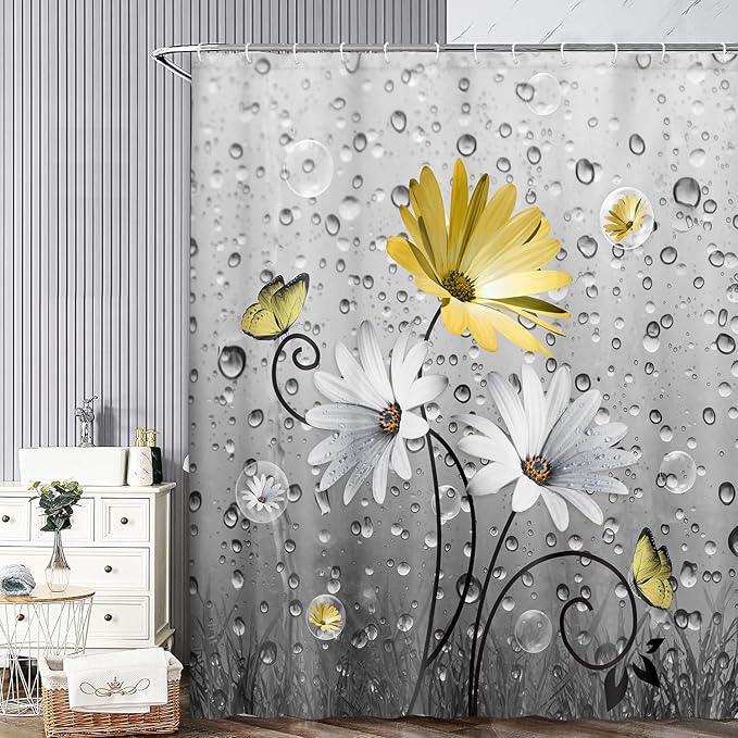 Rustic Farmhouse Yellow Floral Shower Curtain, Farm Daisy Flowers and Butterfly Shower Curtain for Bathroom, Country Yellow Gray Fabric Boho Shower Curtain Set with 12PCS Hooks, 36X70IN