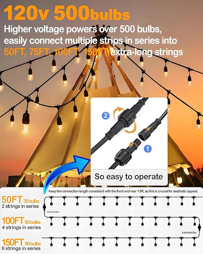 Outdoor String Lights Waterproof with 16 Bulbs 1.6FT Spacing, 25FT Patio Lights, 120V LED Hanging Lights for Porch, Balcony, Gazebo, Yard, Garden, Backyard, Camping and Party Decor