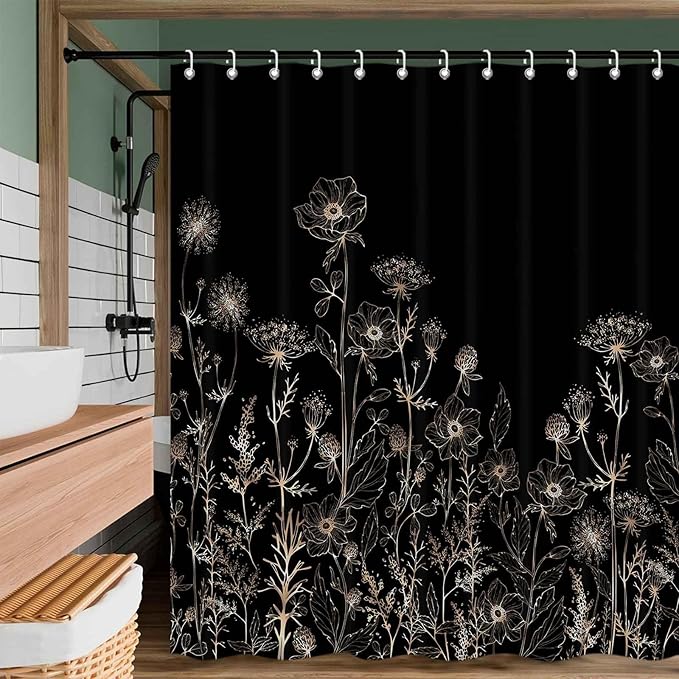 Black and Gold Vintage Boho Shower Curtain Set 72X72 Inch Black Tan Cream Floral Aesthetic Dark Wildflower Botanical Design Farmhouse Plant Art Chic Bathroom Decor