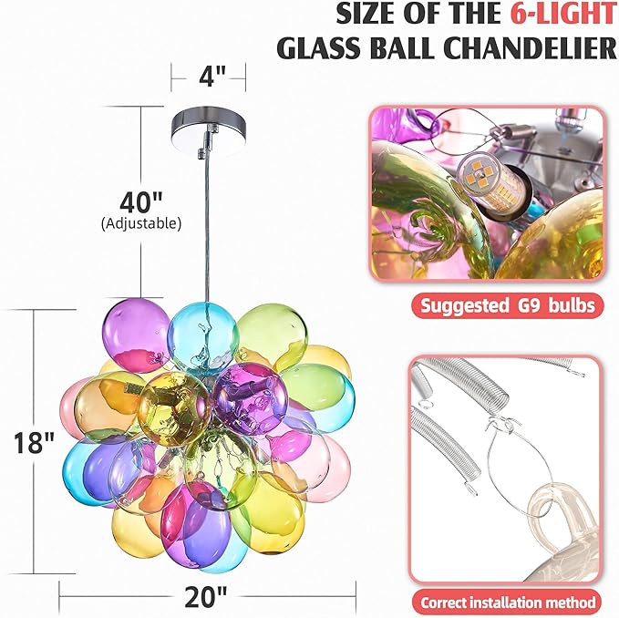Longree Mini Bubble Ball Chandelier, Dia 20 inch Blown Multicolor Glass Pendant Light Fixture for Bedroom Study Bathroom Dining Room