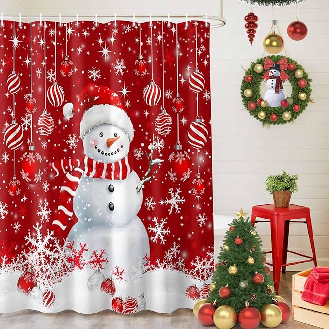 Vandarllin Christmas Shower Curtain, Snowman Shower Curtains Set with Hooks, Snowflake Red Christmas Balls Waterproof Bathroom Curtains Xmas Holiday Decor Home Accessories,Stall 48 X 72 Inch