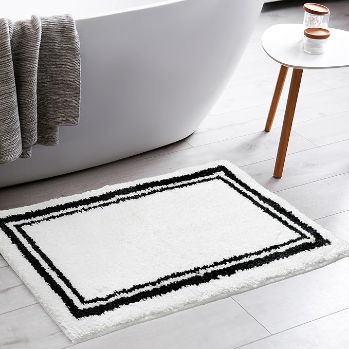 Tititex Luxury White Black Frame Line Bathroom Rug, 24x36 inch Extra Soft and Absorbent Microfiber Bath Rugs, Non-Slip Plush Shaggy Bath Carpet, Bath Mats for Bathroom Floor, Tub and Shower