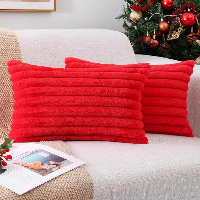 Pallene Faux Fur Plush Lumbar Christmas Throw Pillow Covers 12x20 Set of 2, Luxury Soft Fluffy Striped Decorative Pillow Covers for Sofa, Couch, Living Room, Red