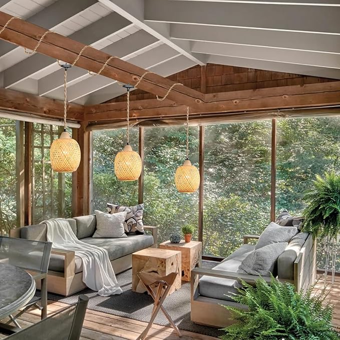 3-Light Bamboo Plug in Pendant Light with Switch, Boho Hanging Lights, 15ft Hand Woven Cord, for Bedroom Kitchen Island Farmhouse, ETL Listed