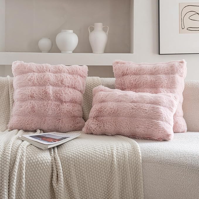 Neelvin Pink Faux Fur Cozy Soft Double-Sided Decorative Throw Pillow Covers 18x18 inch Set of 2,Velvet Pillowcase Cushion Case for Sofa Couch