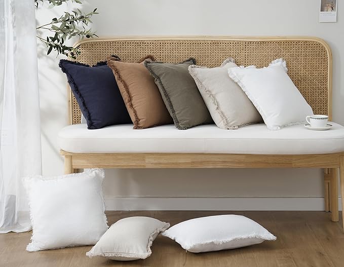 Foindtower Set of 2 Decorative Linen Fringe Throw Pillow Covers Cozy Farmhouse Boho Cushion Cover with Tassels Soft Accent Pillowcase for Couch Sofa Bed Living Room Home Decor 20×20 Inch Beige