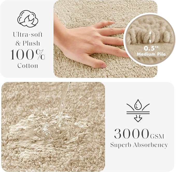 Madison Park Splendor Reversible 100% Cotton Tufted Bathroom Rug-3000 GSM Hotel Quality Luxurious Plush Medium Pile Bath Mat Absorbent, Quick Dry, Shower Room Décor, 21x34, Natural
