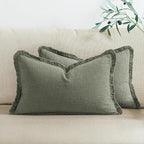 Woaboy Decorative Linen Fringe Throw Pillow Covers Boho Farmhouse Soft Lumbar Accent Pillows with Tassels Christmas Decor for Livingroom Couch Sofa Bed,12x20 Inch Set of 2,Light Olive Green