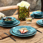 Melamine Dinnerware Sets, Melamine Plates and Bowls Set for 4, Best for Indoor and Outdoor Dining Party, Dishwasher Safe, Volcanic Pattern, Amber Green