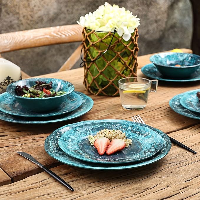 Melamine Dinnerware Sets, Melamine Plates and Bowls Set for 4, Best for Indoor and Outdoor Dining Party, Dishwasher Safe, Volcanic Pattern, Amber Green