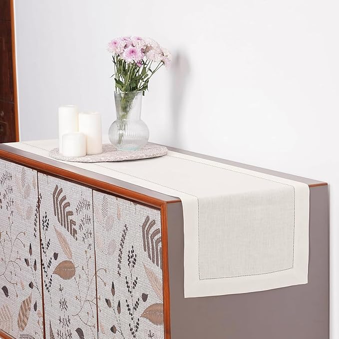 D'Moksha Homes Linen Ivory Table Runner 84 Inches Long - 100% Pure Linen Table Runner 14 x 84 Inch for Fall, Autumn and Halloween - Classic Hemstitch