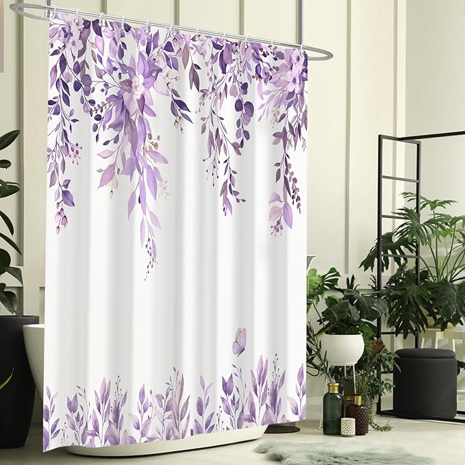 Eucalyptus Shower Curtain, Purple Watercolor Leaves with Floral Botanical Bathroom Decor, Waterproof Fabric Bath Curtain Set with Hooks, 72x84 Inches