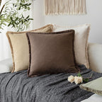 Foindtower Set of 2 Decorative Linen Fringe Throw Pillow Covers Cozy Boho Farmhouse Cushion Cover with Tassels Soft Accent Pillowcase for Couch Sofa Bed Living Room Home Decor,26×26 Inch,Reddish Brown