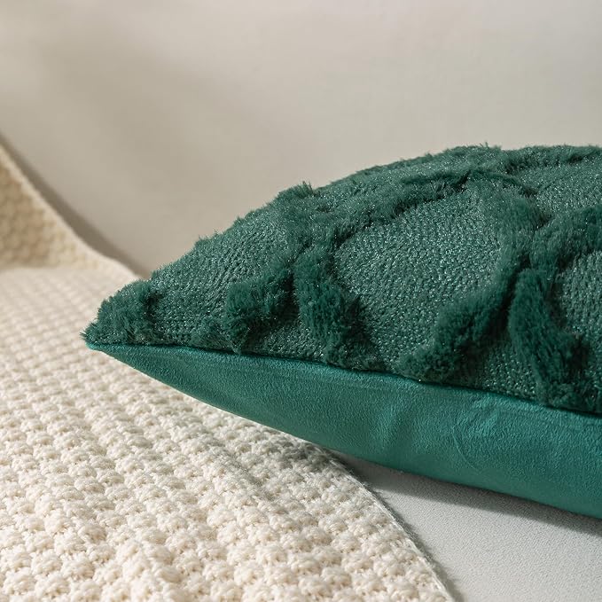 Set of 2 Soft Moroccan Throw Pillow Covers 24x24 Inch Plush Boho Decorative Pillow Cover Accent Cushion Case for Couch Sofa Bed, Dark Green