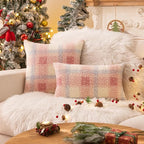 AQOTHES Pink White Plaid Winter Throw Pillow Covers 18x18 Inch Set of 2, Boucle Faux Fur Pillow Covers,Cozy Fluffy Home Living Room Farmhouse Decor for Sofa Couch Bed