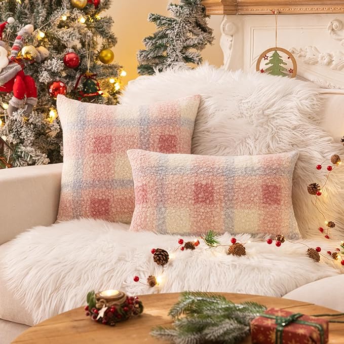 AQOTHES Pink White Plaid Winter Throw Pillow Covers 18x18 Inch Set of 2, Boucle Faux Fur Pillow Covers,Cozy Fluffy Home Living Room Farmhouse Decor for Sofa Couch Bed
