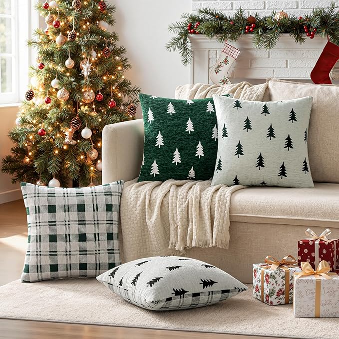MIULEE Christmas Decorative Chenille Throw Pillow Covers, 20x20 Inch, White Dark Green Tree, Set of 2 Cute Trees with Plaid Patterns Pillows for Sofa Couch Bedroom Chair Xmas Home Decor