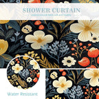 Aimego Black Floral Shower Curtain - Dark Beige Yellow Flowers Plants Boho Chic Colorful Botanical Leaves Fabric Cloth Bath Shower Curtain Set with 12 Hooks for Bathroom Decor Accessories, 72"x72"