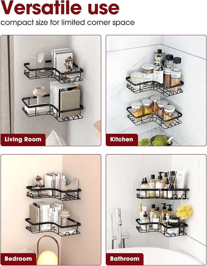 Corner Shower Caddy - 2 Pack, Adhesive Shower Organizers, Rustproof Stainless Steel Shower Shelves with 8 Hooks, No Drilling Bathroom Organizers and Storage Racks, Space-Saving, Black,Medium