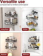 Corner Shower Caddy - 2 Pack, Adhesive Shower Organizers, Rustproof Stainless Steel Shower Shelves with 8 Hooks, No Drilling Bathroom Organizers and Storage Racks, Space-Saving, Black,Medium